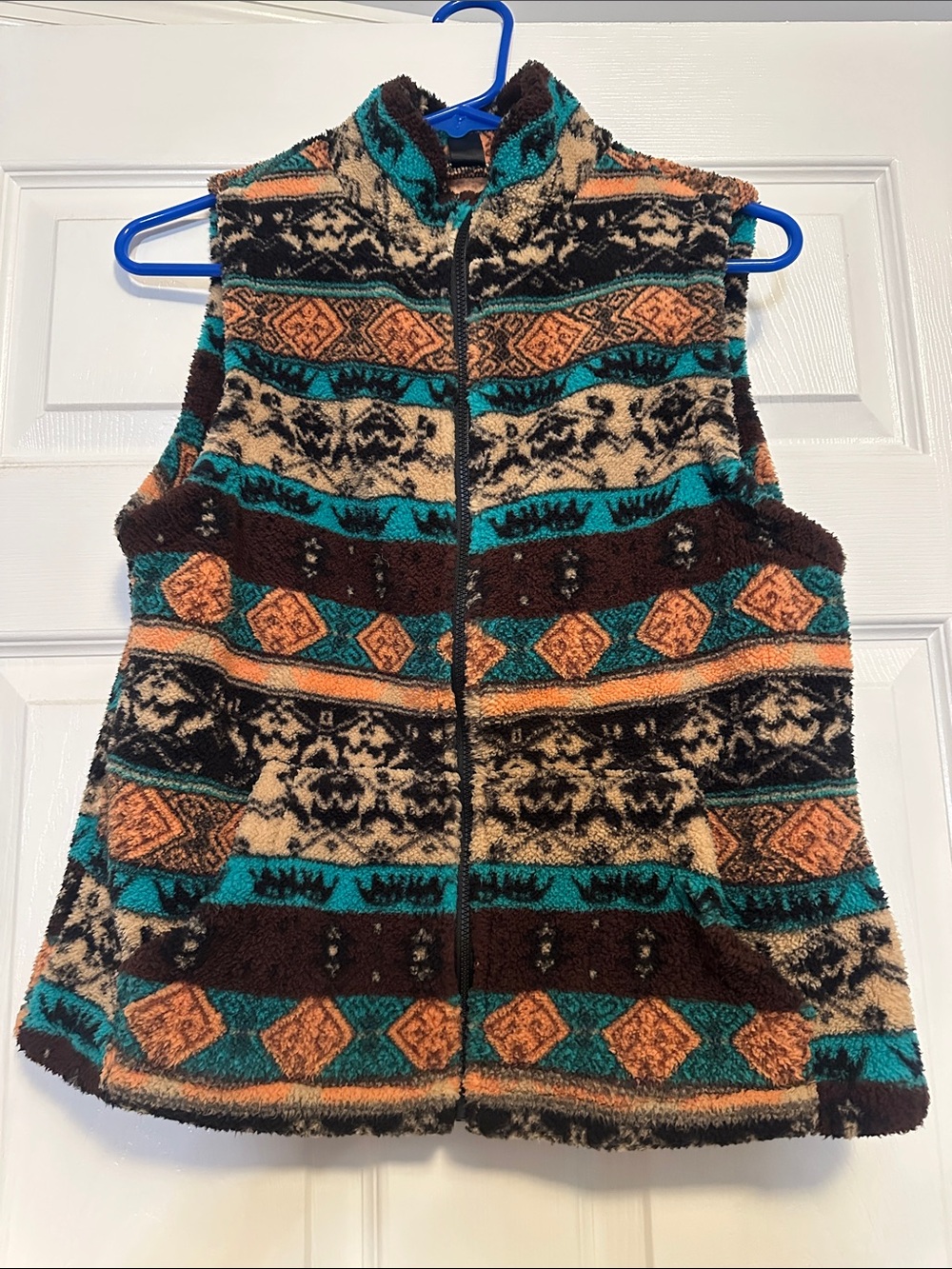 SHEIN Teal Brown Orange Patterned Fleece Vest